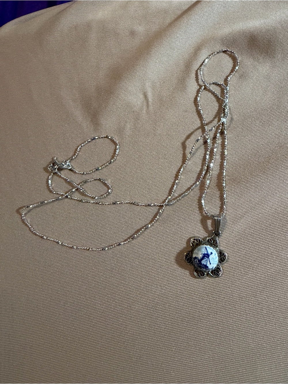 Silver Blue Porcelain Floral Pendant Necklace